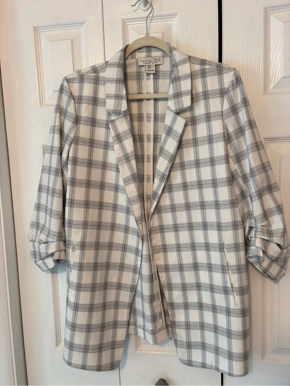 White & Black Plaid Open-Front Blazer